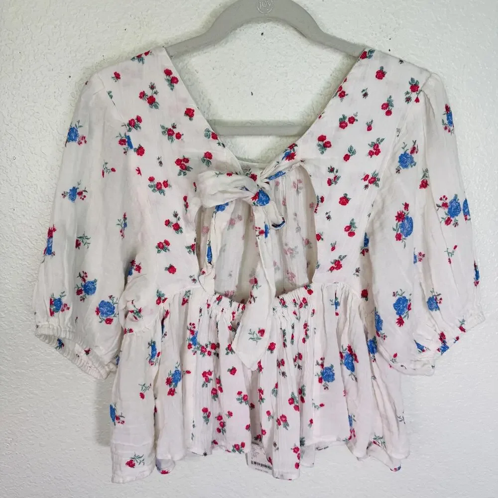 Free People Top Womens Small Floral Peplum Puff Sleeve Gauze Boho Flowy NEW